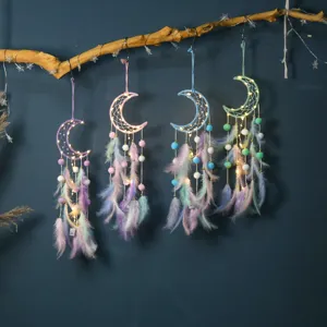 Attrape Rêves Mural en Plumes Fait Main Décoration Lune Étoile Chat pour Chambre d'Enfants Chambre Décoration de Maison