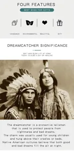 Dreamcatcher detail feature chart showing handmade quality, eco-friendly materials and design.