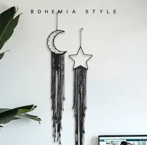 Bohemian black macrame wall hanging moon and star tapestry for modern home bedroom decor