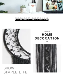 Black moon macrame wall hanging detail shot showing exquisite woven texture and beads.