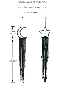 Black macrame wall hanging moon and star tapestry for modern minimalist home indoor decor