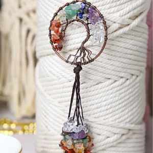 Tree of life crystal car hanging ornament detail, healing stone copper wire rearview mirror pendant.