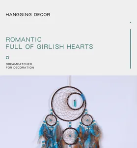 Dream catcher wall hanging decor detail view with turquoise stone, feathers and beads.