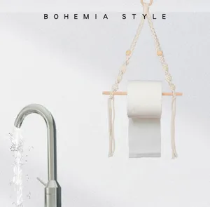 Boho handmade macrame toilet paper holder for bathroom, wooden bead wall hanging tissue rack.