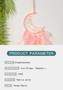 Pink moon dream catcher with lights, feather wall hanging decor for bedroom, cute gift for friends.