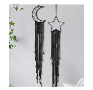 Black moon star macrame wall hanging boho cotton tapestry for bedroom living room decor