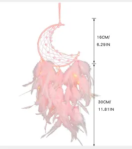 Pink moon dream catcher with lights feather wall hanging bedroom decor cute gift for friends