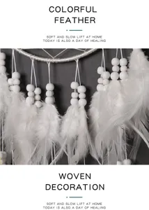 Modern wit veren wandkleed detail, decoratieve dromenvanger met houten kralen voor kamer.