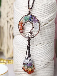 Handmade crystal tree of life pendant close up, multi-colored stone chips, copper wire art detail.