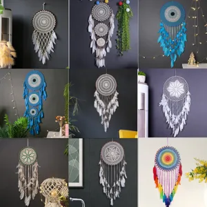 Nordic Style Handmade Crochet Dream Catcher Wall Hanging Home Decor Feather Wind Chime Room Decoration