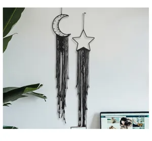 Black moon and star macrame wall hanging bohemian woven tapestry for modern home decor