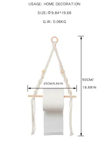 Detailed view of handmade woven macrame toilet paper holder with clear size dimensions marked.
