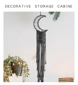 Boho macrame moon wall hanging tapestry for bedroom and living room interior decoration detail shot.