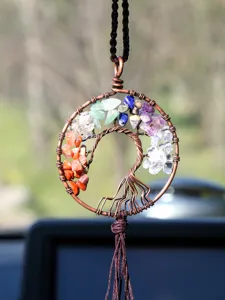 Crystal Tree of Life car hanging ornament, wire wrapped gemstone pendant for rearview mirror.