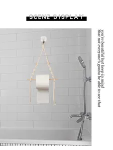 Detailed view of handmade macrame toilet paper holder in bathroom scene display setting.