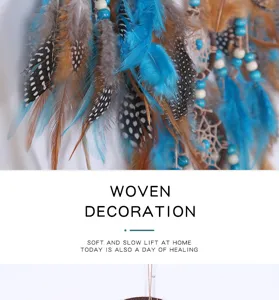 Handmade turquoise dream catcher wall hanging with blue and brown feathers for home decor.
