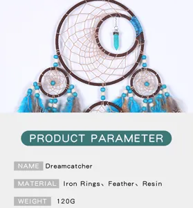 Turquoise dream catcher wall hanging with feathers and resin beads for home room decor.