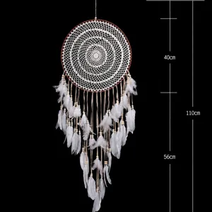 Nordic handmade crochet dream catcher with white feathers and wooden beads wall decor
