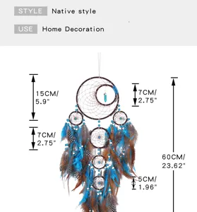 Handmade turquoise tree of life dreamcatcher wall hanging decor with feathers and beads.