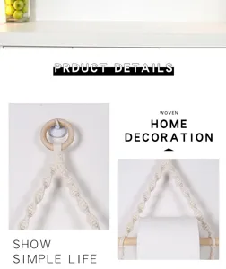 Handmade macrame toilet paper holder wooden ring hanging roll paper rack for bathroom decor
