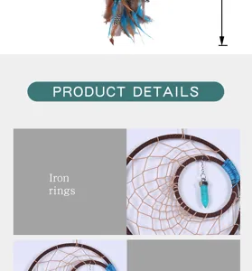 Turquoise dream catcher wall hanging detail view showing woven iron ring and feather decor.
