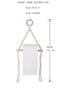 Handmade macrame wooden ring toilet paper holder detail view, natural cotton rope design.