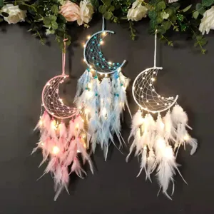 Moon dream catcher wall hanging with LED lights, cozy bedroom decor and creative gift ideas.