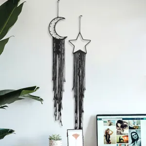Black macrame wall hanging moon and star tapestry for modern boho home bedroom living room decor