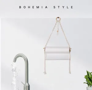 Handmade macrame paper towel holder bohemian style hanging toilet tissue roll rack for bathroom.
