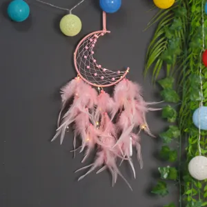 Pink moon dream catcher with lights wall hanging home decor bedroom aesthetic gift