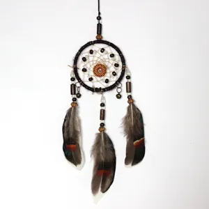 Vintage bohemian style dreamcatcher hanging ornament with feathers and beads for car and window decor