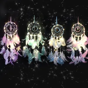 LED feather dream catcher night light detail shot, glowing aesthetic room decor hanging ornament.