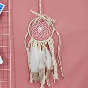 Handmade white feather dreamcatcher wall hanging home decor bedroom ornament detail view