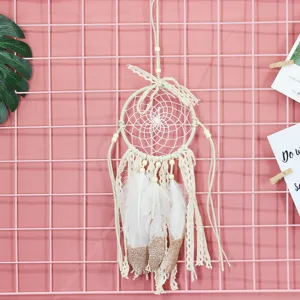 Handmade white lace dream catcher wall hanging with feathers and wooden beads for room decor.