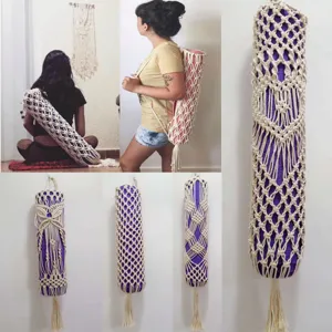 Handmade macrame yoga mat carrier detail shot showcasing the intricate weave with purple mat inside.