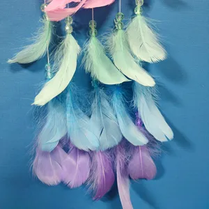 Dream catcher feather hanging decoration detail shot showing colorful gradient feathers and beads.