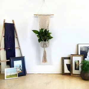 Support de plante mural tissé à la main bohème panier macramé pour décoration détail.