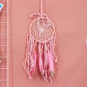 Handmade Feather Dream Catcher Wall Hanging Decor Pink White Lace Dreamcatcher Wind Chime Home Bedroom Gift