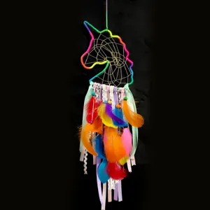 Colorful unicorn dream catcher wall hanging decor with vibrant feathers and ribbons.