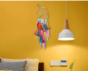 Colorful unicorn dream catcher wall hanging decor with feathers for bedroom room decoration.