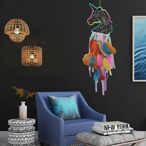Colorful unicorn dreamcatcher wall hanging, feather dream catcher for bedroom room decor.