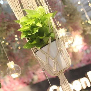 Suspension pour plante en macramé bohème avec pot blanc et plante verte pour déco murale.