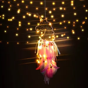 Unicorn dream catcher night light with feathers and LED fairy lights hanging decor room