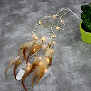 Unicorn dream catcher with LED lights, feathers and beads, nice room wall hanging decoration.