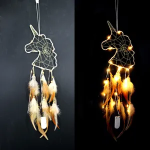 Unicorn fairy light dream catcher with feathers, cute room wall hanging decoration.