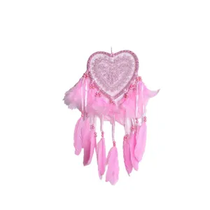 Pink heart dream catcher hanging ornament, cute feather lace room wall decor for girls.