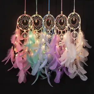Handmade Feather Dream Catcher Wall Hanging Decor With LED Lights Macaron Color Room Ornament Bestie Birthday Gift