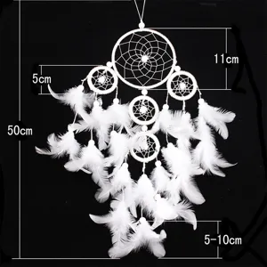 Pure white 5-ring dream catcher wall hanging decor feather wind chime home wedding ornament