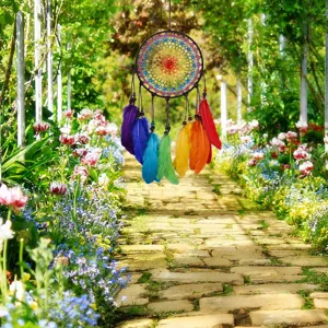 Attrape-rêves au crochet coloré fait à la main avec des plumes vibrantes décoration de jardin