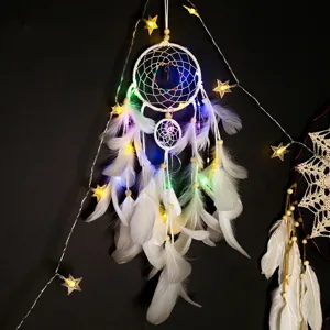 White double ring dreamcatcher with LED star string lights for room wall hanging decor.